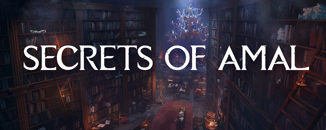 A massive, cold library, with the logo for SECRETS OF AMAL emblazoned atop it.