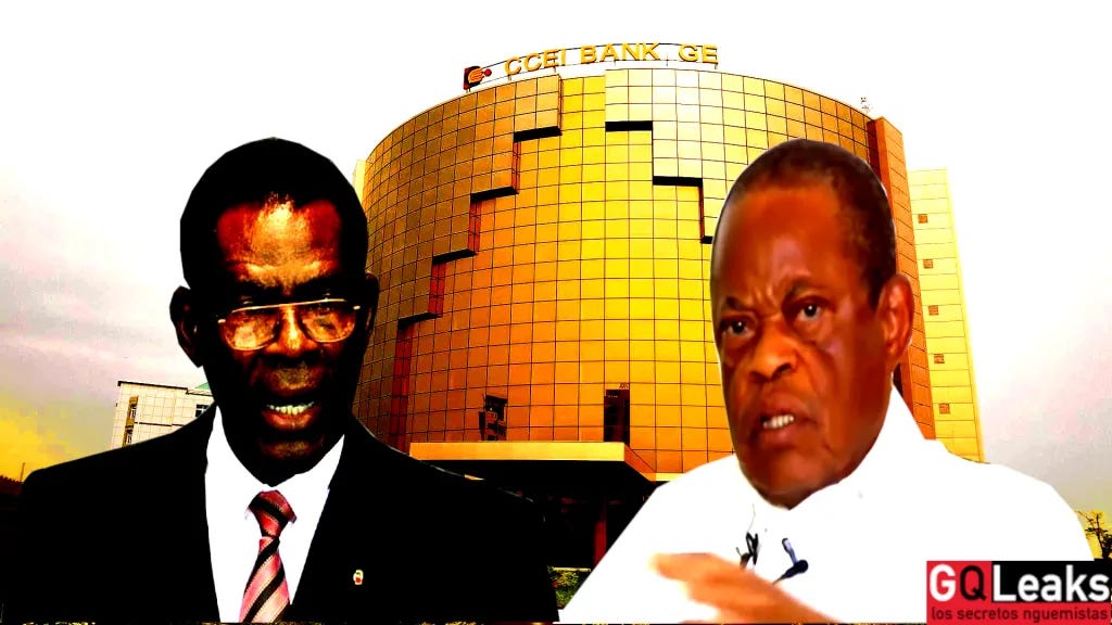 Montage of the CCEI Bank GE building in Malabo, Equatorial Guinea superimposed with a photo of EG president Teodoro Obiang and his father in law Florencio Maye Ela. In the lower right hand corner, a watermark that reads “GQLeaks, los secretos nguemistas”