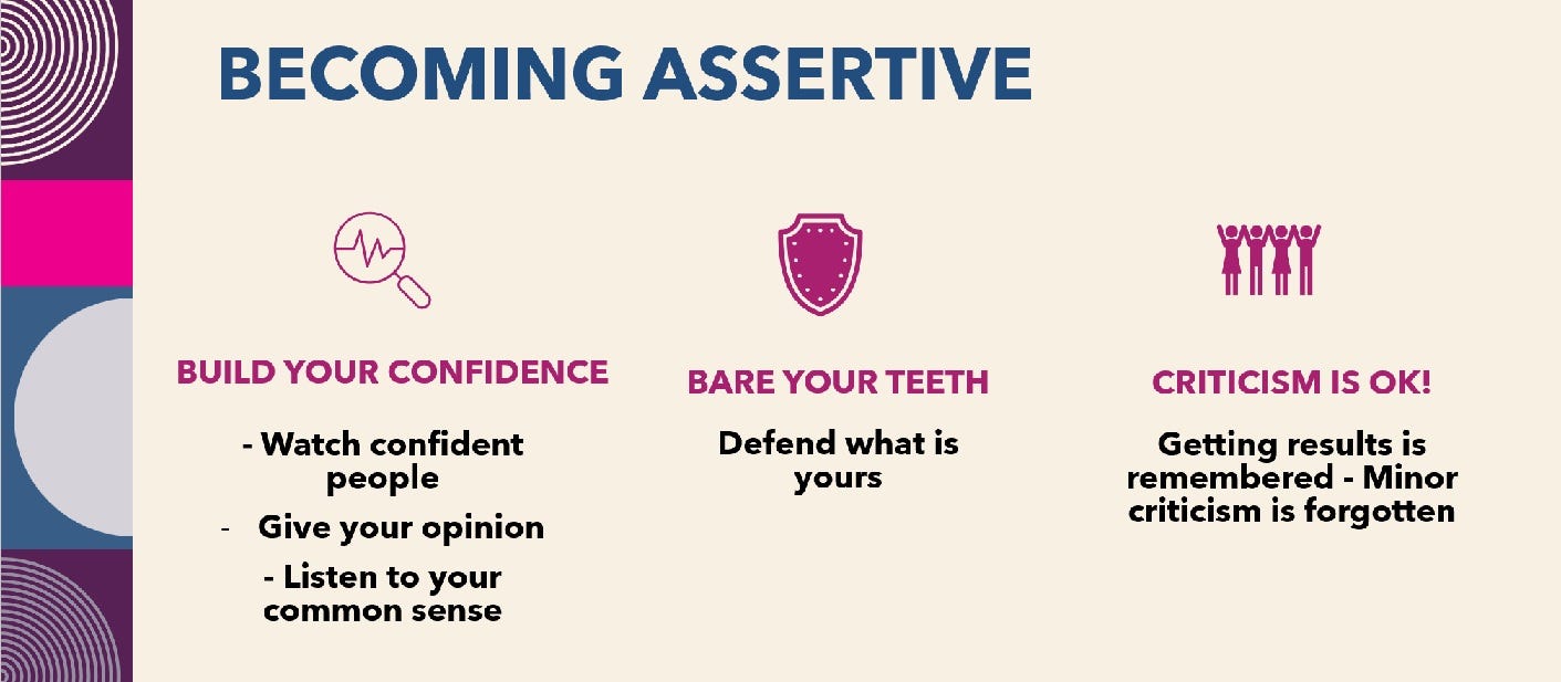 steps to becoming assertive: confidence building, baring your teeth, ready for criticism