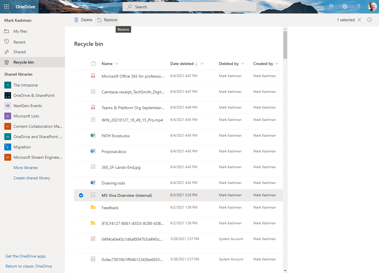 Click into the Recycle bin to restore files and lists items from OneDrive (pictured), SharePoint and Teams in Microsoft 365.