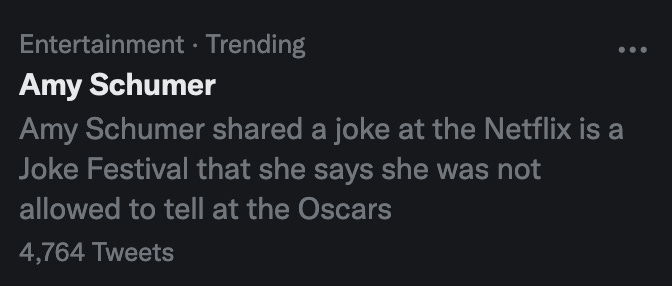 Amy Schumer: Amy Schumer shared a joke at the Netflix is a Joke Festival that she says she was not allowed to tell at the Oscars