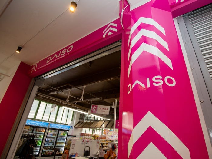The pink entryway into Daiso.