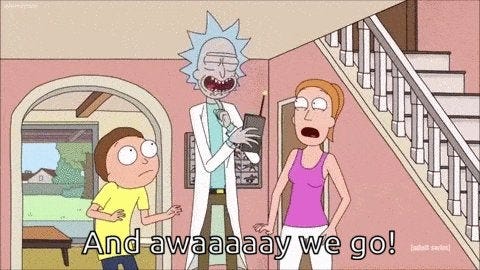 Can someone make a GIF of Rick saying "And away we go" while pressing a  remote? : r/rickandmorty