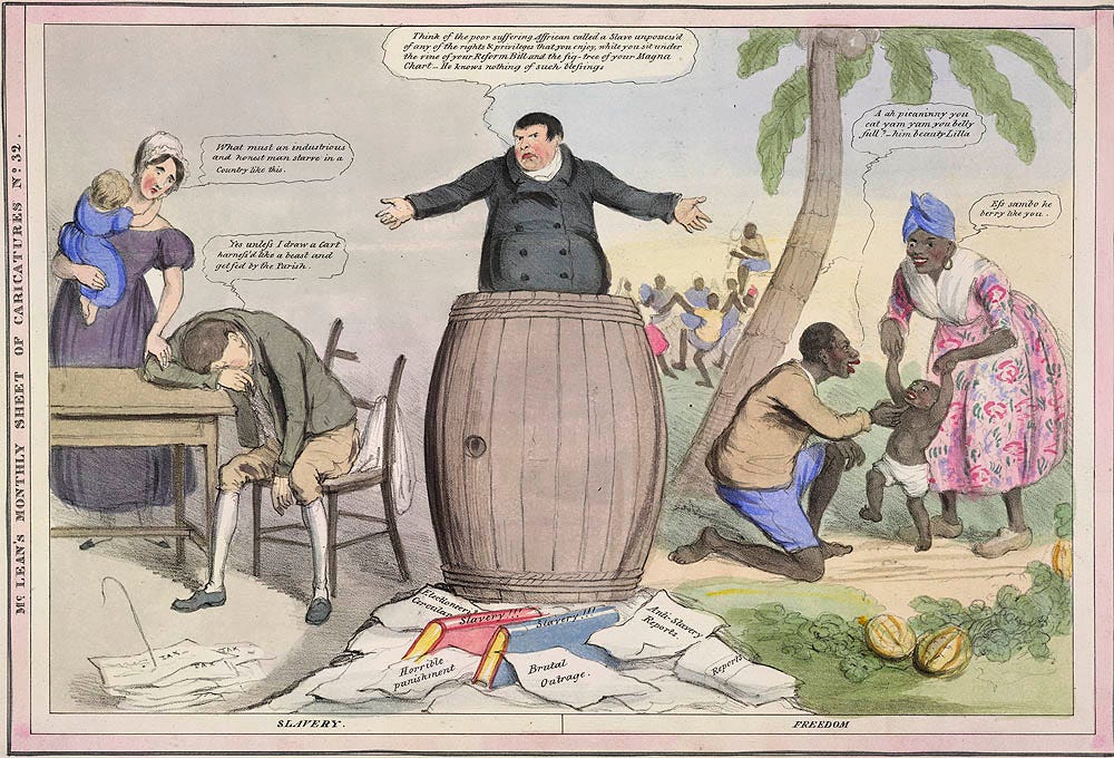 Cartoon comparing working class 'slavery' with slavery in the West Indies