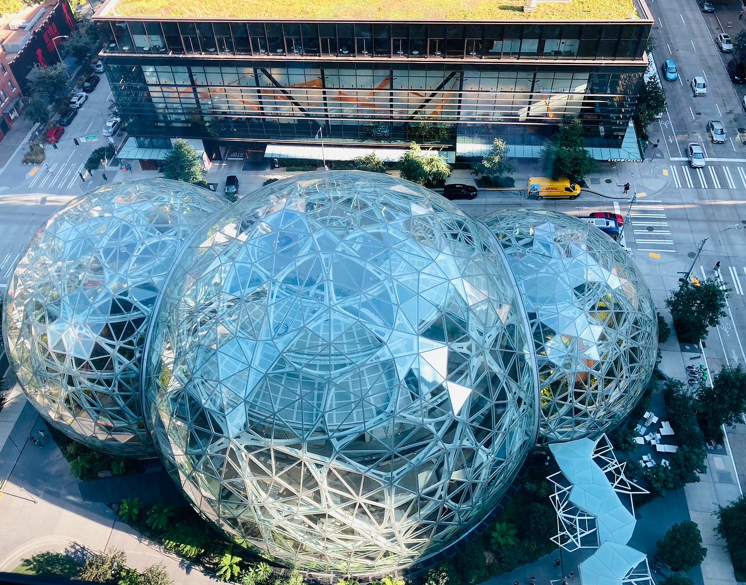Looking down from 16th floor at the Bezos Balls, 3 glass spheres filled with botanical gardens inside