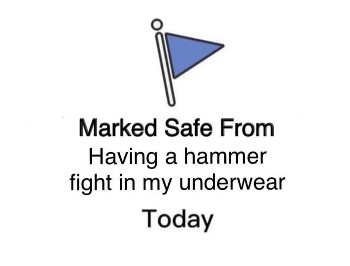 May be an image of text that says 'Marked Safe From Having a hammer fight in my underwear Today'