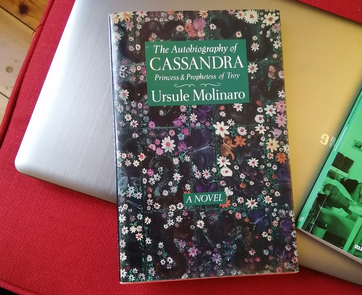 Das Buch "The Autobiography of Cassandra" von ursule Molinaro. Das Cover zeigt ein buntes Blumenmuster, darauf ein grünes Rechteck im oberen Teil, in dem in weißer Schrift der Titel und der Autorinnenname stehen.