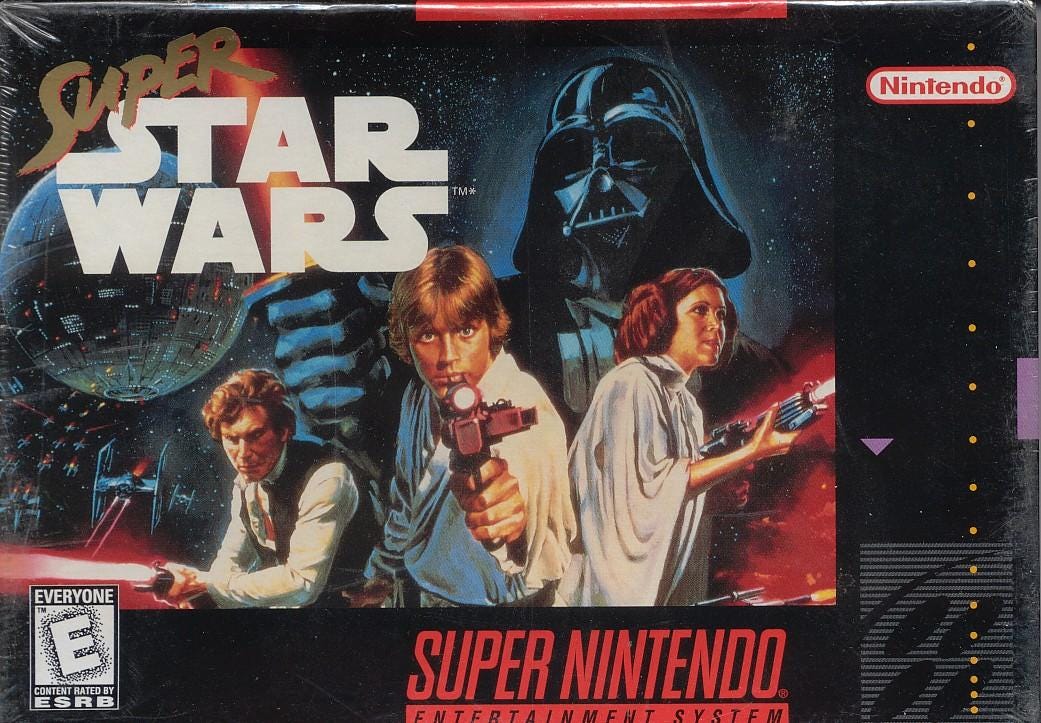 The SNES box art for Super Star Wars, featuring Luke, Han, Leia, and Darth Vader