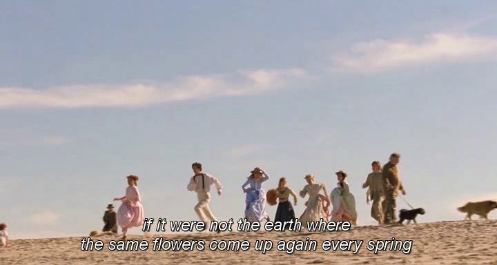 screenshot from little women (2019), of figures on the beach. text at the bottom reads "if it were not the earth where the same flowers come up again every spring"