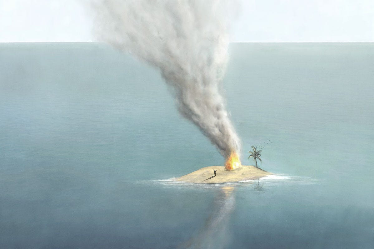 What If They Threw a Pandemic and Nobody Came: Person on Deserted Island Sending an SOS Fire
