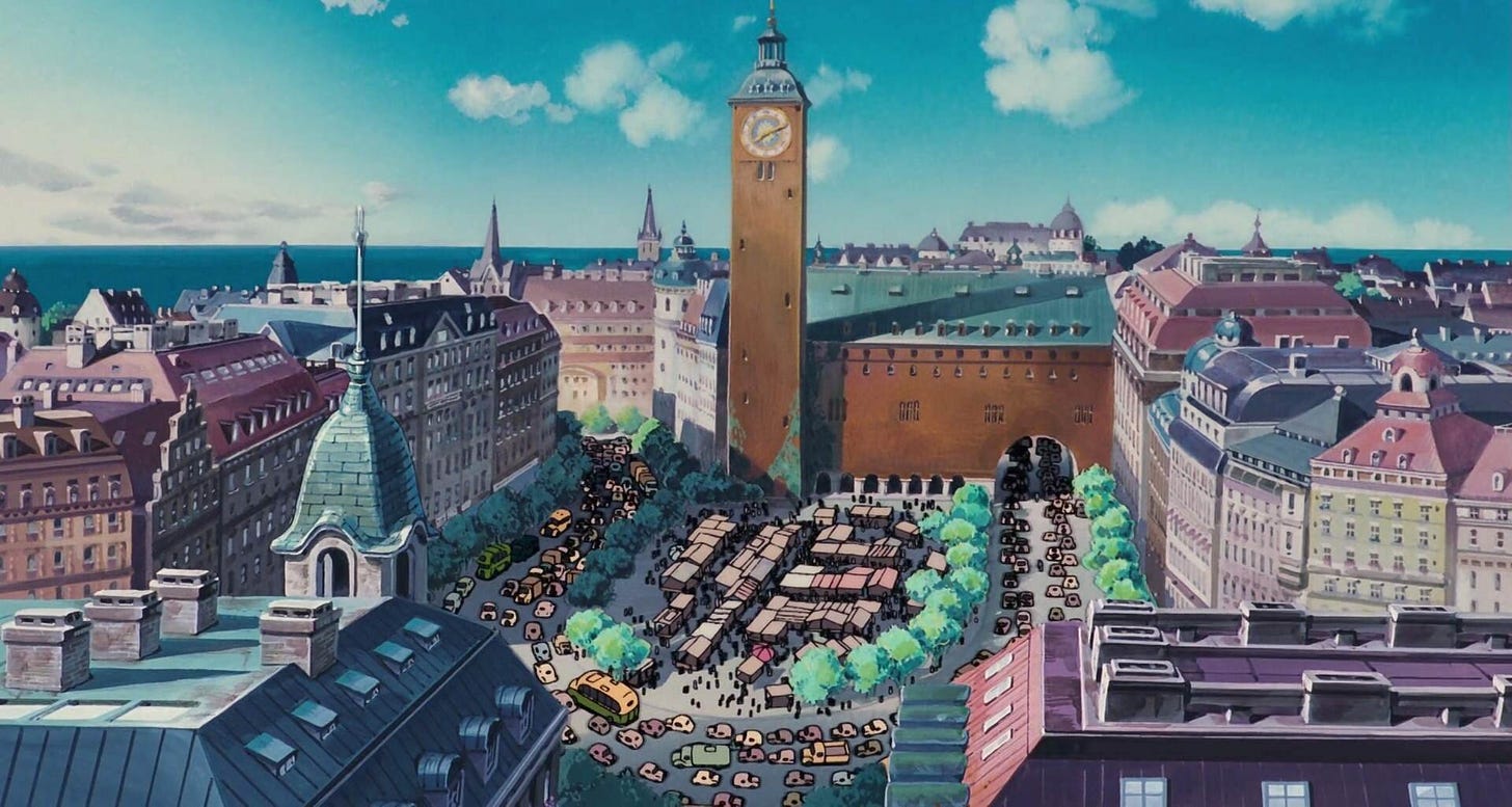 A view of Koriko’s clocktower and market square.