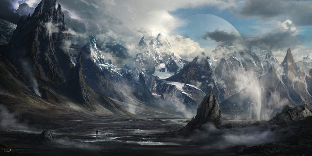a traveller journeys on foot across a vast valley surrounded by vast, snow-topped peaks