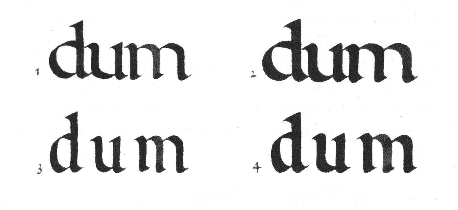 Exemplos de palavras com formas brancas mal resolvidas entre letras, que comprometem sua compreensão.