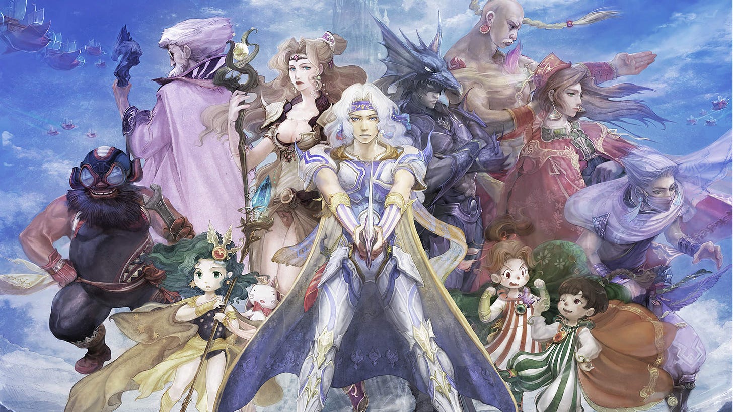 Promotional art for Final Fantasy IV, featuring the game's cast of characters in non-sprite forms. The specific details made out in the in-game sprites on the SNES are even that much more impressive when you see what the vision was, and the DS edition tries to emulate that spirit in 3D.