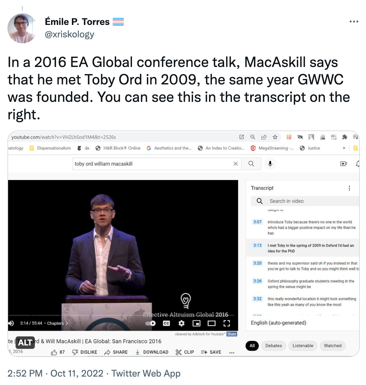 Émile P. Torres: In a 2016 EA Global conference talk, MacAskill says that he met Toby Ord in 2009, the same year GWWC was founded. You can see this in the transcript on the right.