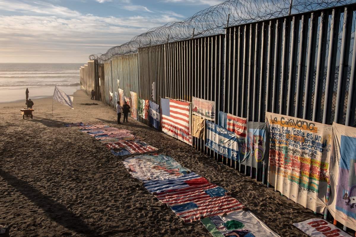 An exhibit by local artist Robenz is on display on the beach next to a section of the U.S.-Mexico border fence as seen from Tijuana, in Baja California state, Mexico, on January 8th, 2019.