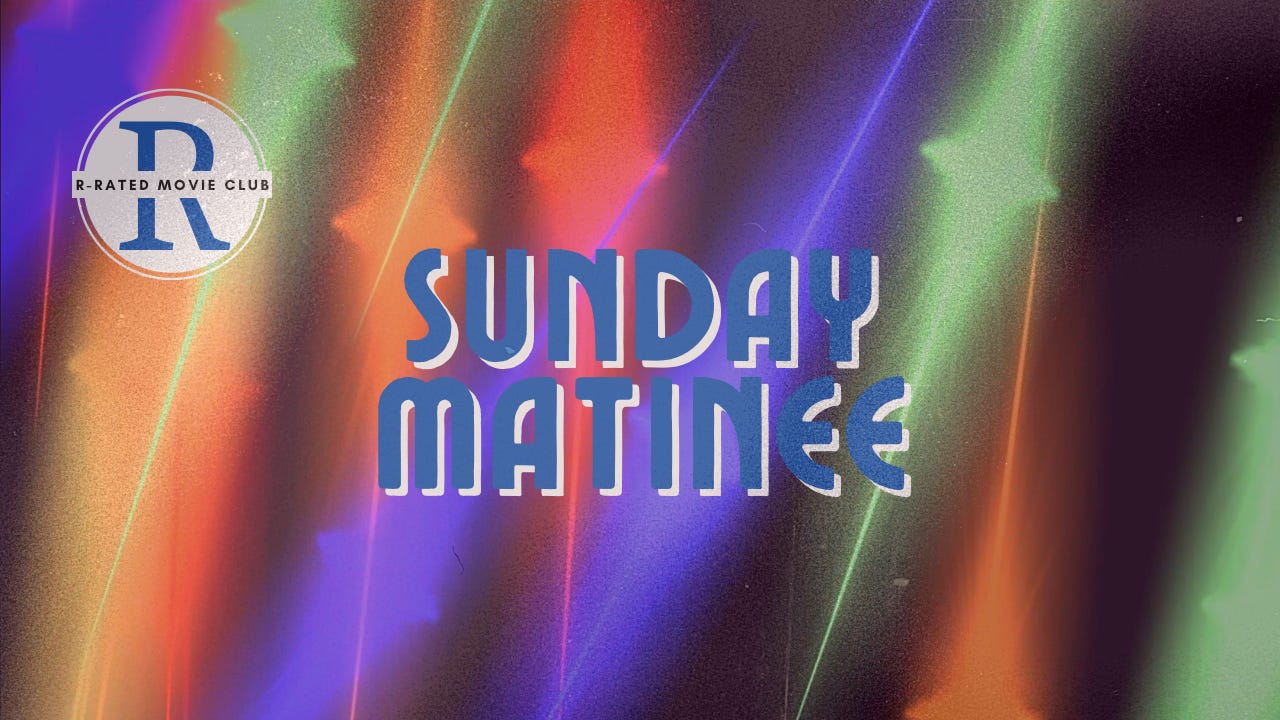The words Sunday Matinee in front of floating stars that are orange, green, red, and blue.