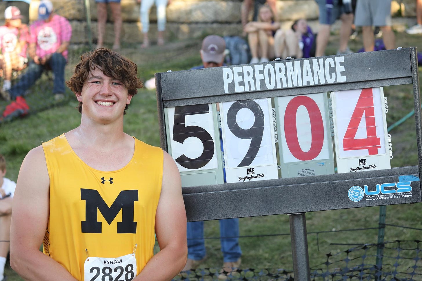 Madison's Casey Helm was all smiles after setting the Class 1A state meet record in the shot put. Helm also set the 1A discus record, finishing his career with back-to-back sweeps of the state titles in those events.
