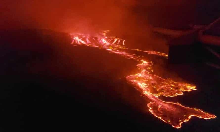 An aerial view shows lava flowing from the volcanic eruption of Mount Nyiragongo near Goma, in the Democratic Republic of Congo.