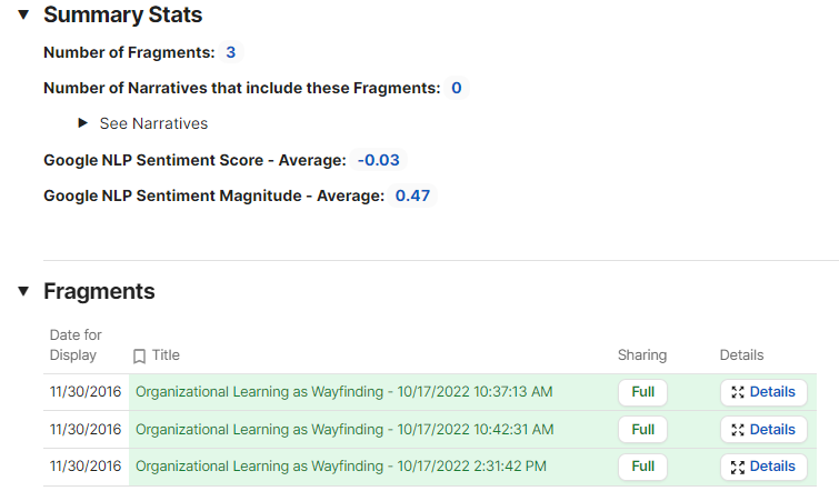 Viewing summary statistics for knowledge fragments in a Coda.io knowledge base