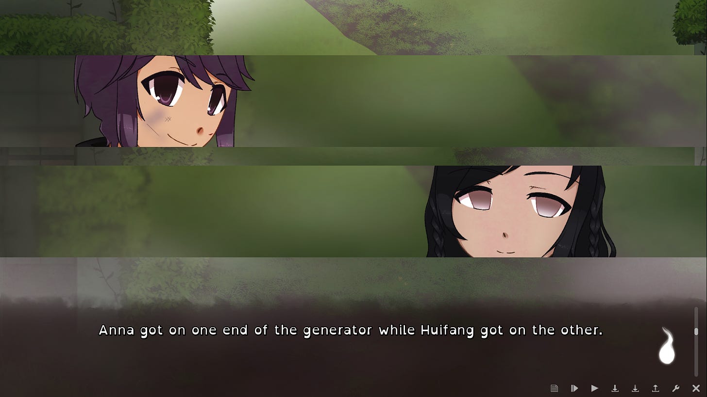 three lilies countryside screenshot of anna and huifang in the abandoned village. there are two thin long cutins of their expressions, with anna's face on the left and huifang's on the right. textbox text reads "anna got on one end of the generator while huifang got on the other."