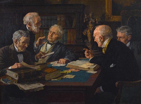 Painting of men arguing agressively.