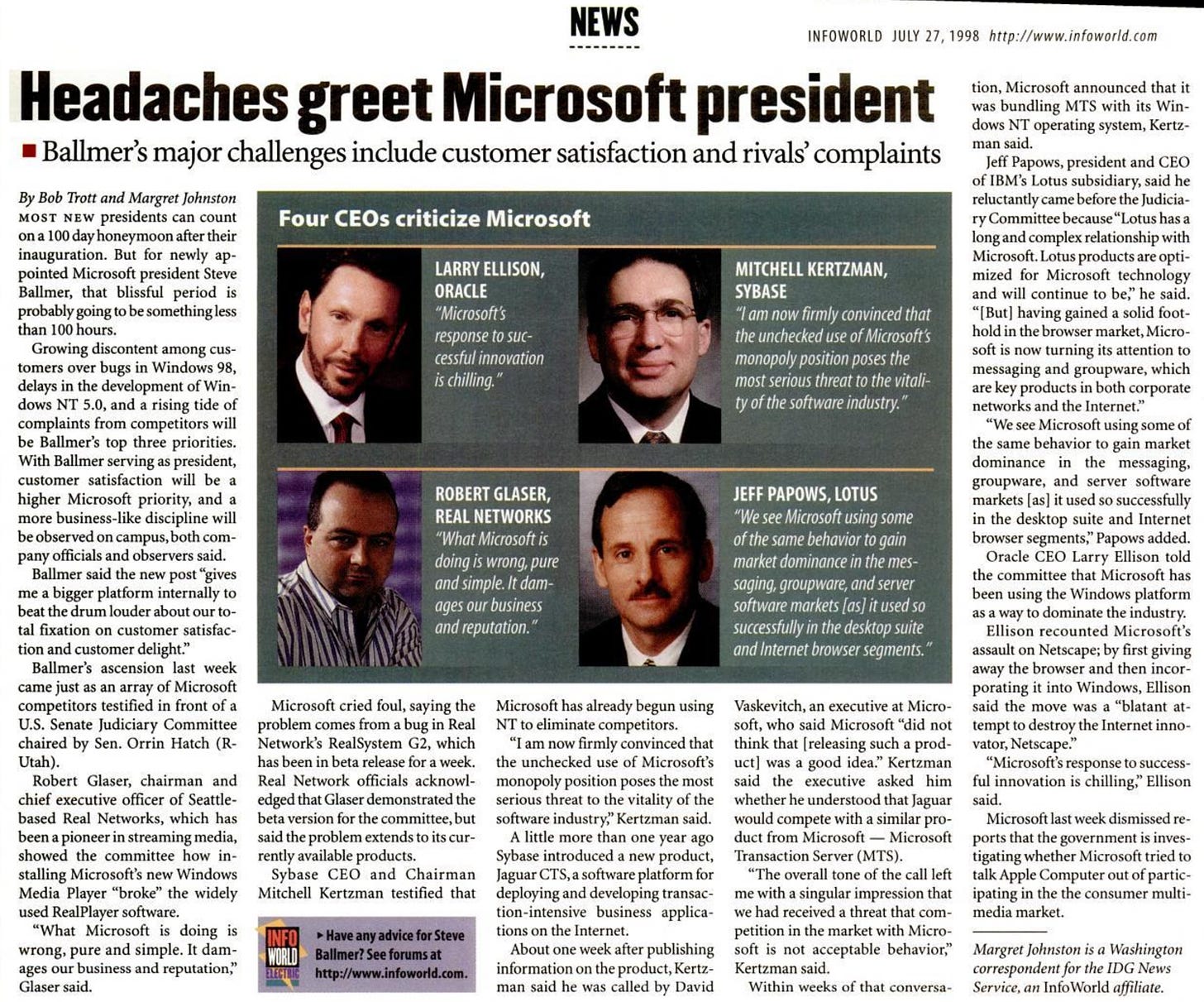 Scanned article "Headaches greet Microsoft president: Ballmer's major challenges include customer satisfaction and rival's complaints"