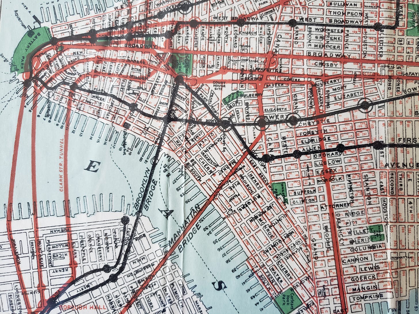Close up of map of southern Manhattan and a portion of Brooklyn