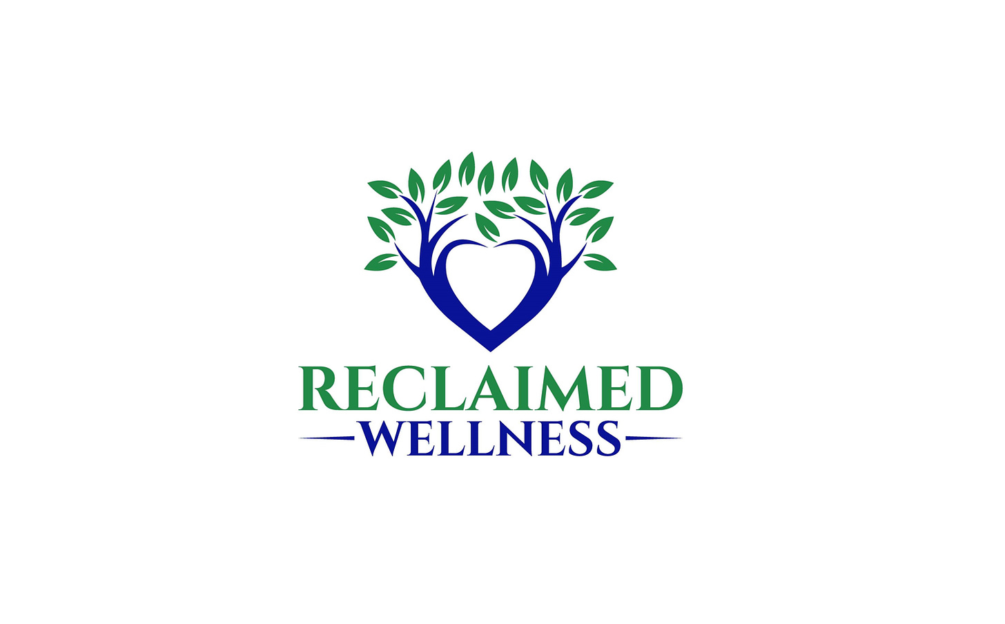 Reclaimed Wellness Logo of two trees connecting in the subtle shape of a heart with their roots connected. Green leaves and midnight blue roots. Text says, "Reclaimed Wellness"