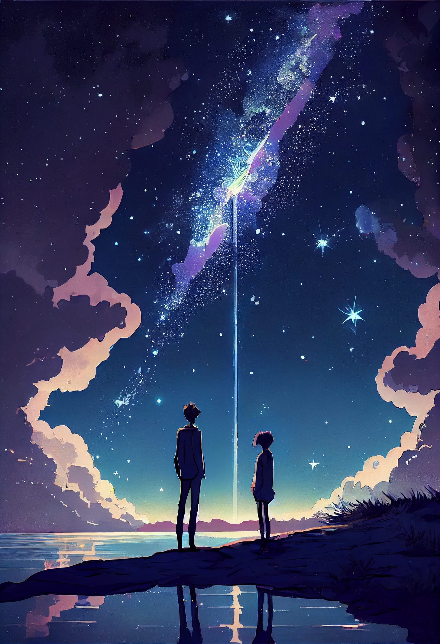 couple under a starry sky. Art by studio ghibli and makoto shinkai