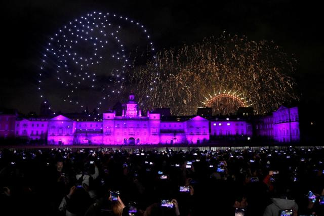 Celestial Drones New Year's Day London 2023 Queen 50 pence piece London Eye fireworks