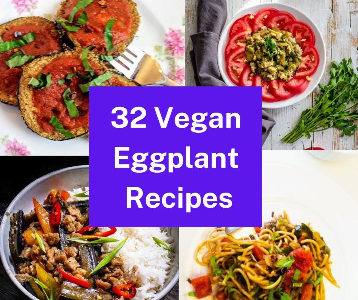 32 Vegan Eggplant Recipes with crispy baked eggplant, caponata salad, stir0fry, and mediterranean eggplant with pasta.