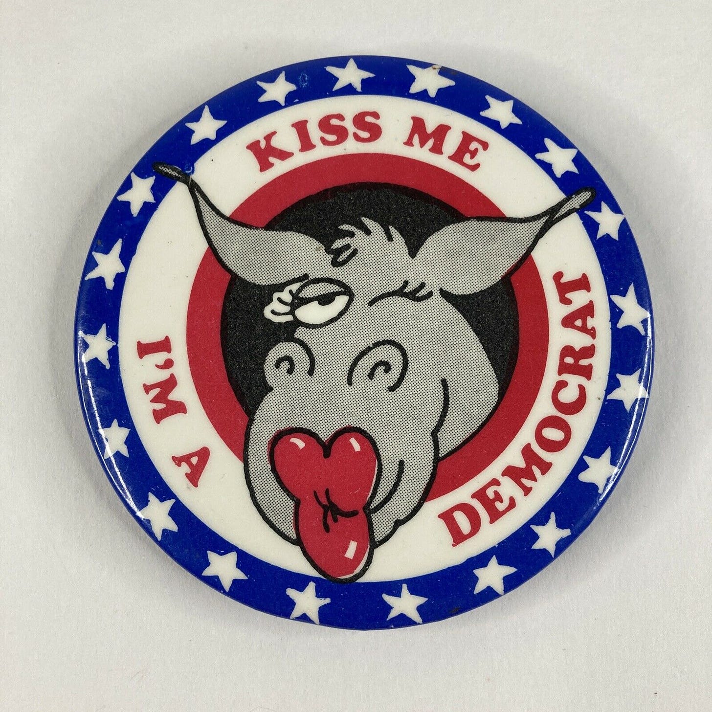 Image 1 - Vintage &#034;Kiss Me I&#039;m a Democrat&#034; 3&#034; Pin Button 1975 American Greetings