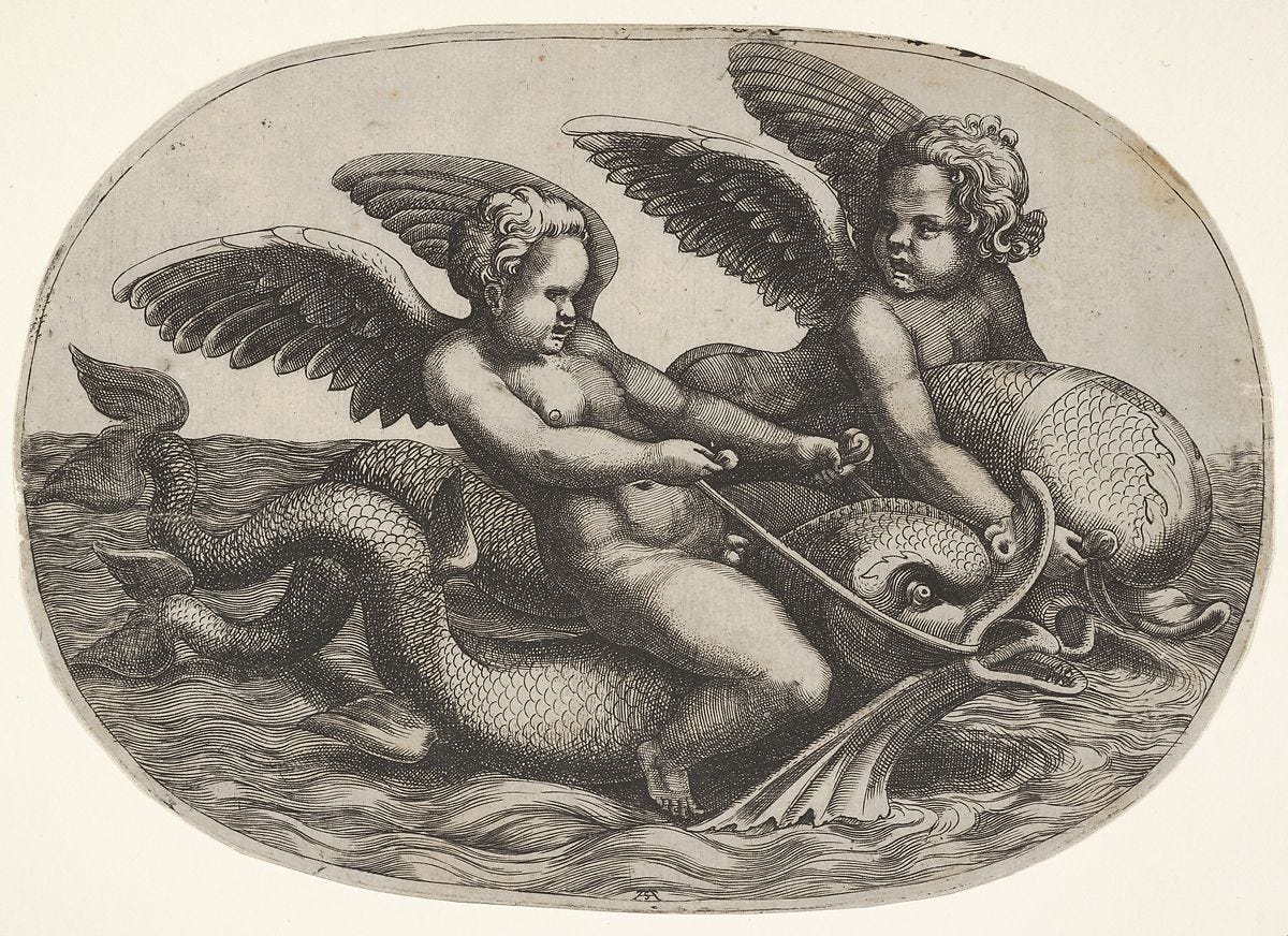 Two winged putti riding parallel on dolphins above the water surface, an oval composition, Adamo (Ghisi) Scultori (Italian, Mantua ca. 1530–1587 Rome), Engraving 