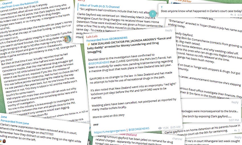 A collage of Telegram posts and comments about Clarke Gayford. Including "Clarke Gayford was sentenced on Wednesday March 2nd in Whangarei Court for drug charges. He received three years home detention" and much more of a similar nature.
