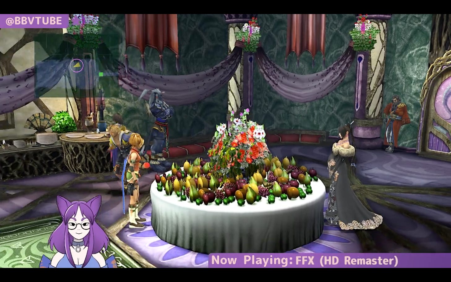 A Twitch stream as BB playing Final Fantasy X with a big table of various fruit.