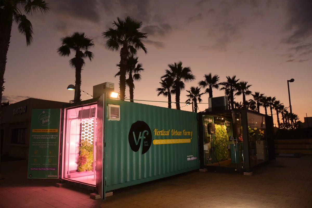 The Vertical Field urban farm pod can be installed in parking lots or inside warehouses