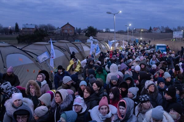 Ukrainian refugees crossing the border into Poland at Medyka last month.