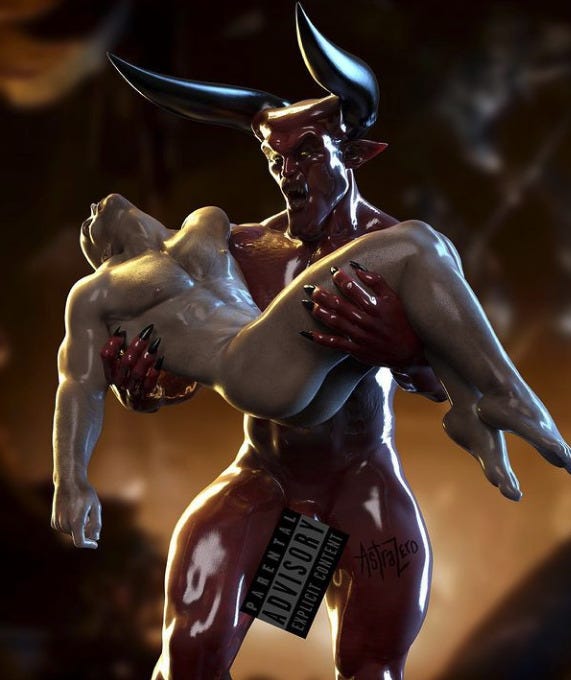 A computer generate image of a horned and clawed devil holding a naked man in his arms