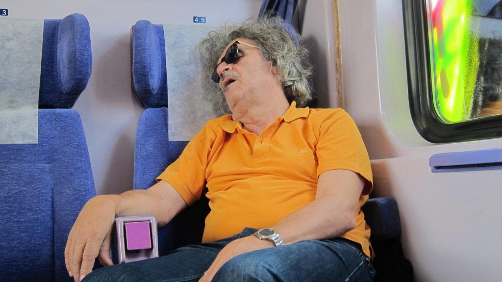 Einstein sleeps on the train.