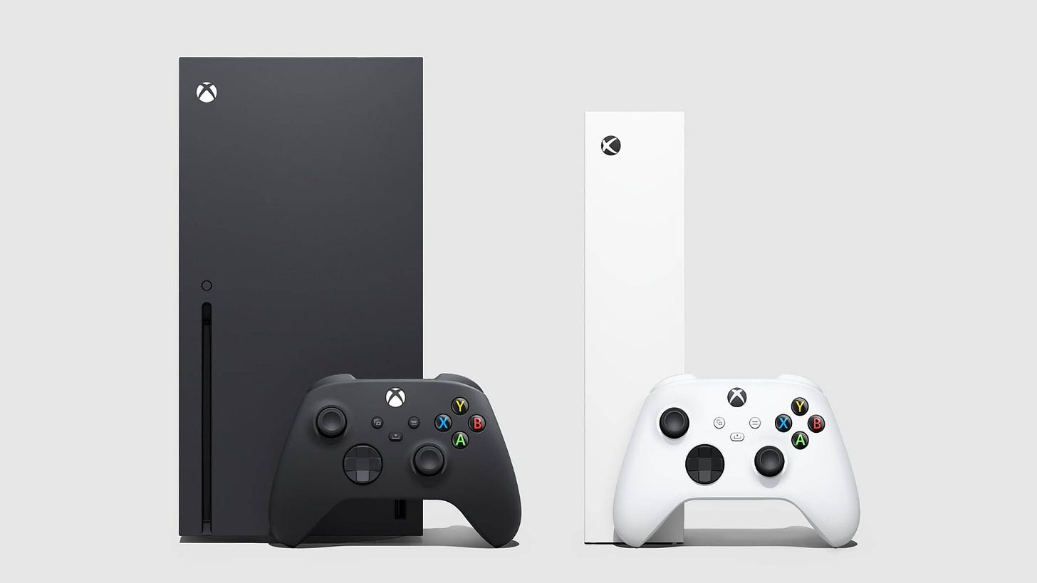 Front of the Xbox Series X and Xbox Series S standing side by side