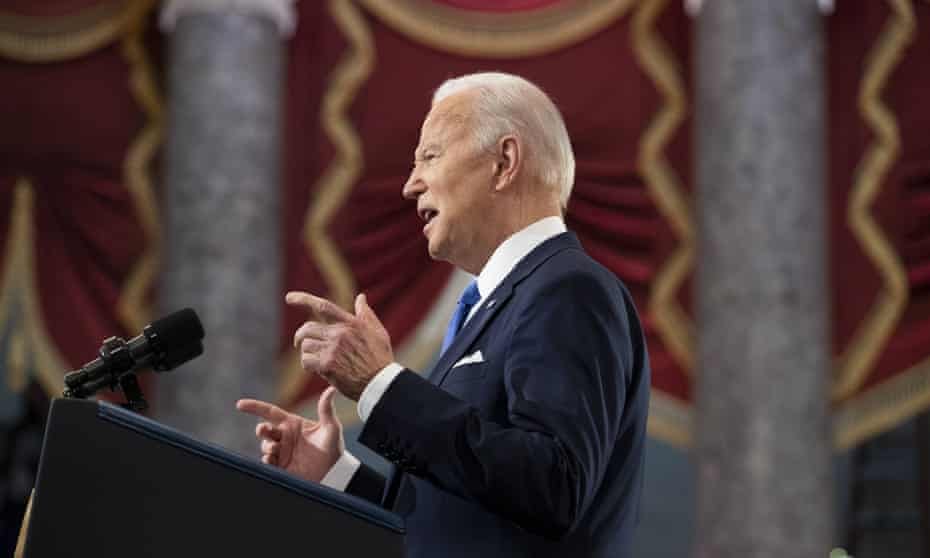 President Joe Biden delivers a speech to mark the anniversary of the 6 January attack on the Capitol