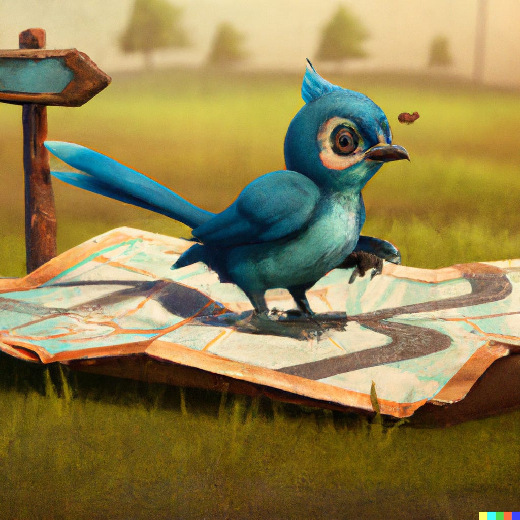 blue bird on a road map, digital art / DALL-E