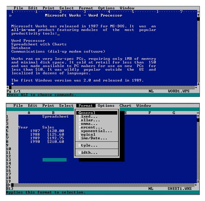 Screenshots of MS-DOS Works 1.0. The first shows the basic word processor. The second shows the spreadsheet with a simple format menu visible.