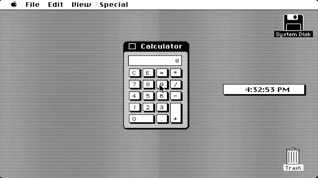 La calculadora funcionando en ventanas en el Mac OS System 1.0