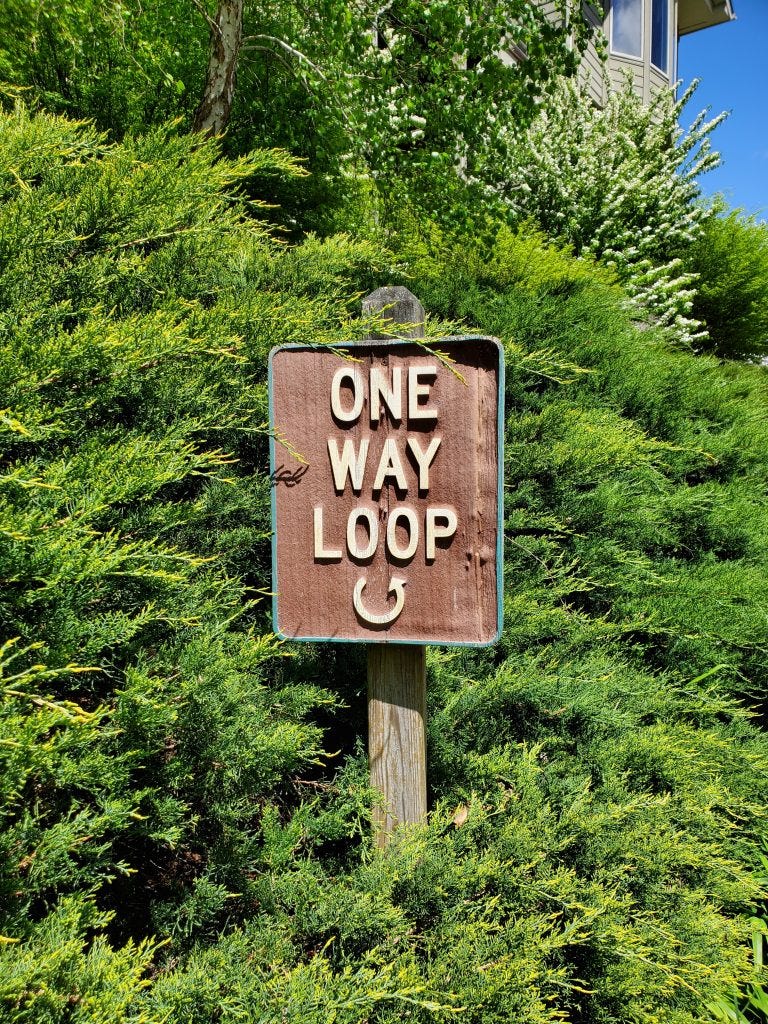 One way loop road sign