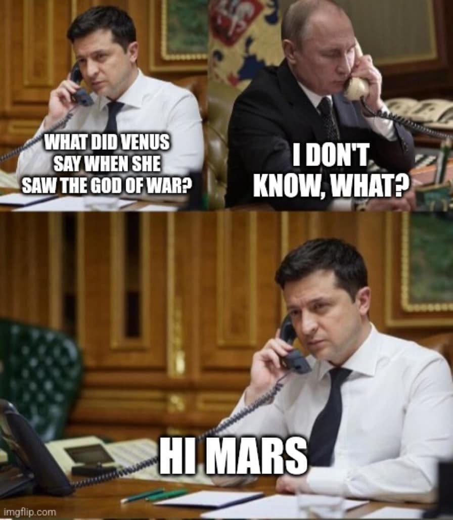 May be an image of 3 people and text that says 'WHAT DID VENUS SAY WHEN SHE SAW THE GOD OF WAR? IDON'T KNOW, WHAT? imgfli imgflip.com HI MARS'