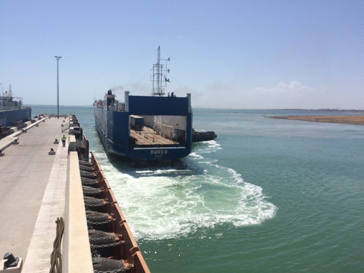 Ferry arriving at the New Port of Baku at Alyat. Image: Wade Shepard.