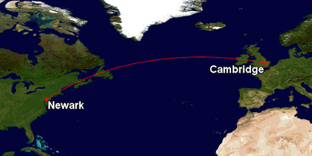A map showing the great circle route between Newark, DE and Cambridge, UK