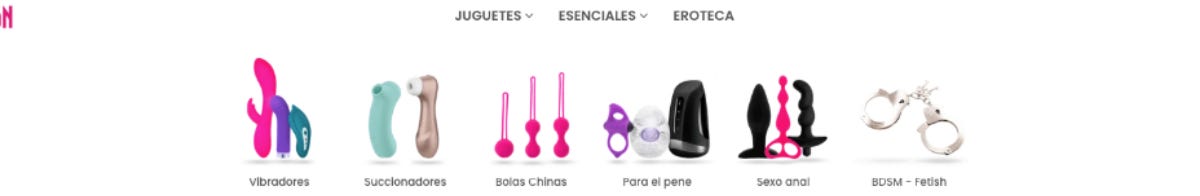 Il menu del sito di Platanomelón con i prodotti e le categorie "juguetes", "esenciales", "eroteca"